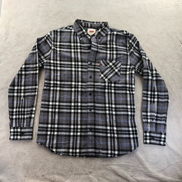 Levis Mens Shirt Small Long Sleeve Plaid Gray Button Down Top Classic Travel - Picture 12 of 13